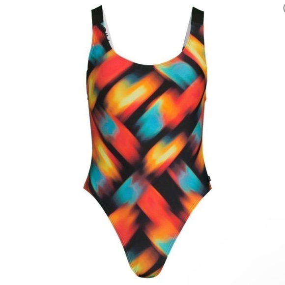 CALVIN Klein Black Multi Abstract Print Scoopneck One Piece Swimsuit sz Medium - Picture 3 of 5